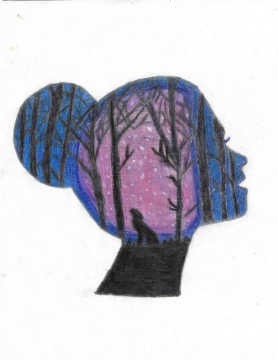 silhouette of woman with landscape inside painting