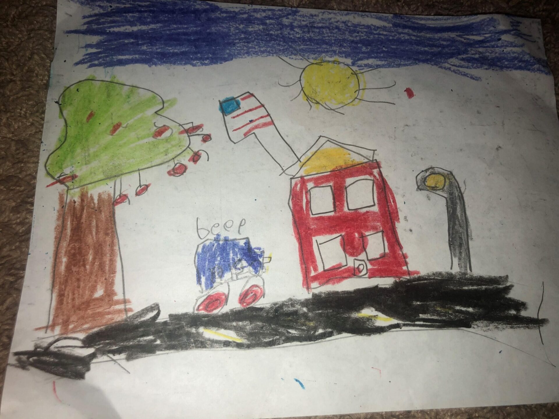 house, car and EEUU Flag painting